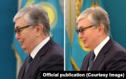 Două imagini diferite de la o ceremonie din martie 2019 îl arată pe președintele kazah, Kasîm Jomart-Tokaiev, într-o fotografie de presă (stânga) și o imagine publicată de oficiul său.