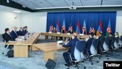 U.S. - U.S. Secretary of State Antony Blinken, Armenian Foreign Minister Ararat Mirzoyan and Azerbaijani Foreign Minister Jeyhun Bayramov start a new round of talks in Arlington, Virginia, June 27, 2023.