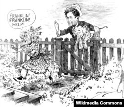Карикатура Клиффорда Берримена на выборы 1940 года. Мисс Демократия убегает от Уилки с криком, адресованным Рузвельту: "Франклин! Спаси!"