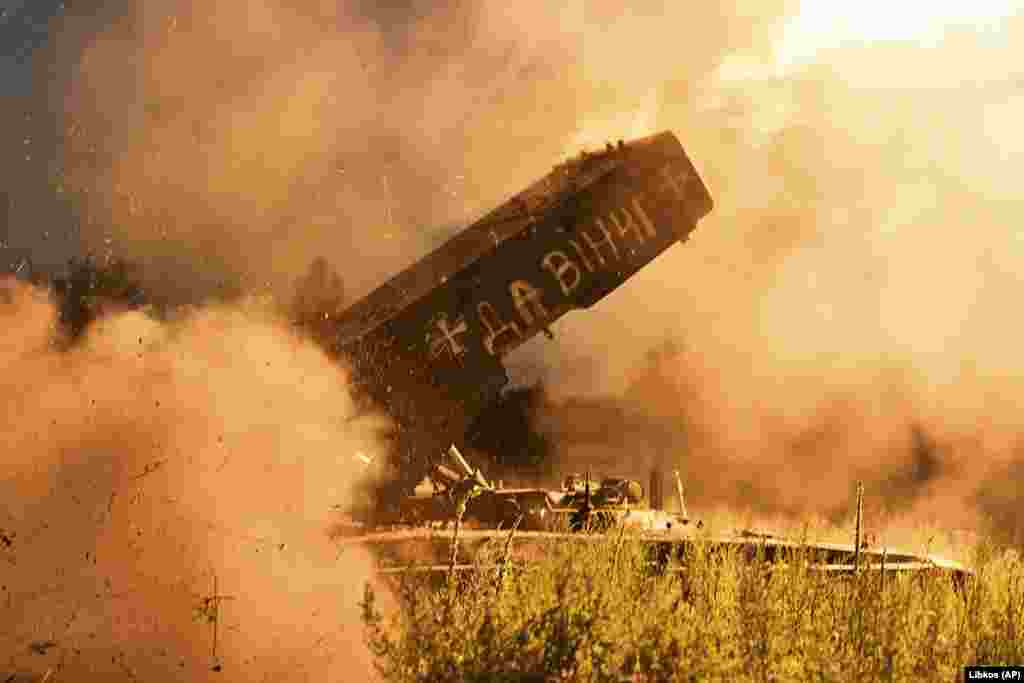 A Russian TOS-1A rocket launcher captured by Ukraine fires toward Russian positions near Kreminna in the Luhansk region in July. The rocket pod is spray-painted with &quot;Da Vinci&quot;, the code name of Ukrainian battalion commander Dmytro Kotsiubailo, who was killed in battle in March. &nbsp;