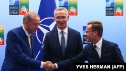 Turski predsjednik Erdoan i švedski premijer Ulf Kristerson rukuju se pored generalnog sekretara Alijanse Jensa Stoltenberga prije njihovog sastanka, uoči samita NATO, Viljnus, 10. juli 2023.