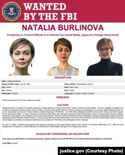 Poster FBI din 2023 referitor la persoana căutată Natalia Burlinova.