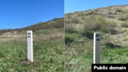 Armenia - A border post placed at a newly delimited section of the Armenian-Azerbaijani border, April 23, 2024.
