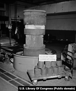 Depleted uranium ingots and molds photographed at a facility in Colorado in 1957