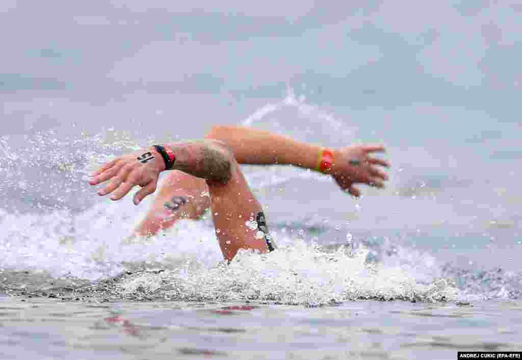 Kristof Rasovszky of Hungary competes in the Men&#39;s 5-kilometer race of the open water swimming at the European Aquatics Championships in Belgrade.