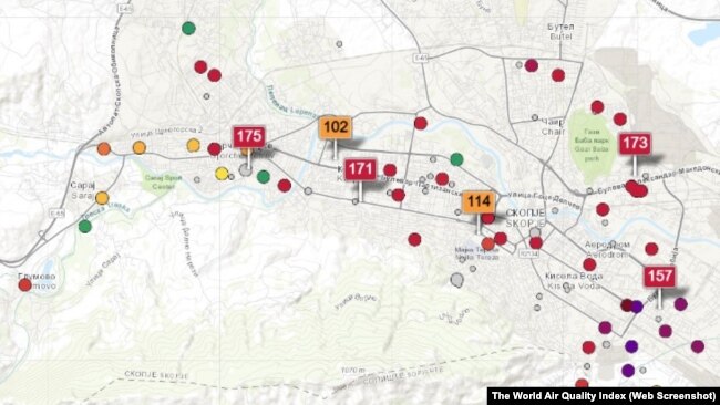 Mjerenja onečišćenja u Skoplju ujutro 21. decembra, na servisu za praćenje "WAQI", koji pokazuje kvalitetu zraka u stvarnom vremenu s preko 10.000 jedinica u svijetu.