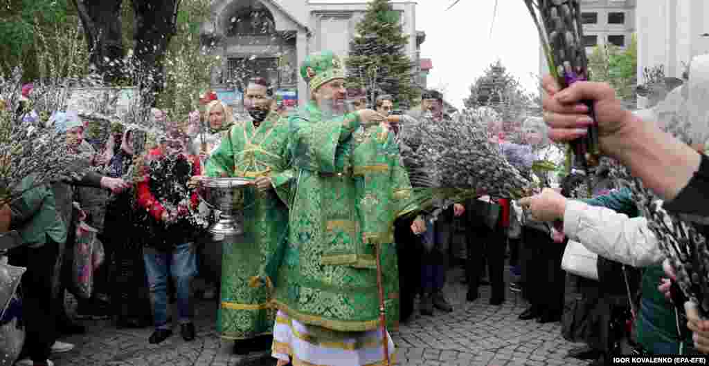 Bishop Savvatiy of Bishkek and Kyrgyzstan attends Mass on Palm Sunday at a church in Bishkek.
