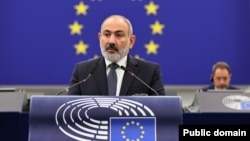 France - Armenian Prime Minister Nikol Pashinian addresses the European Parliament in Strasbourg, October 17, 2023.