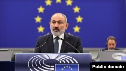 France - Armenian Prime Minister Nikol Pashinian addresses the European Parliament in Strasbourg, October 17, 2023.