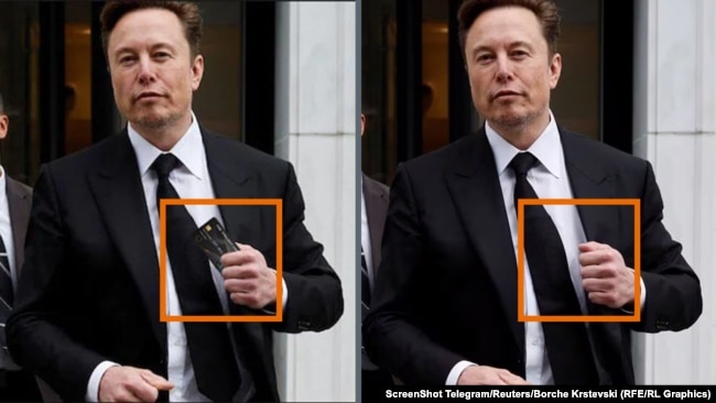 Fotografi e rreme e Elon Muskut me kartelën në duar, pranë fotografisë origjinale.