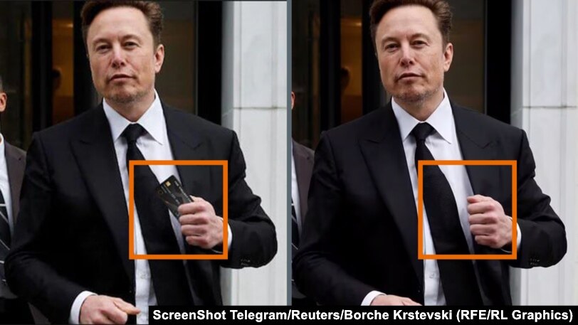 Fotografi e rreme e Elon Muskut me kartelën në duar, pranë fotografisë origjinale.