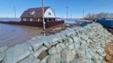 One of four dams hold back water to keep the Beskol village from flooding in the Kyzylzhar district of northern Kazakhstan on April 17.