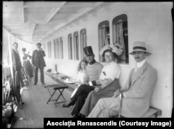 Passengers aboard a steamer cruising the Danube, 1911-12. Until the development of the railway network, many travelers would sail down the Danube River, from Vienna and Budapest to Belgrade and Bucharest.