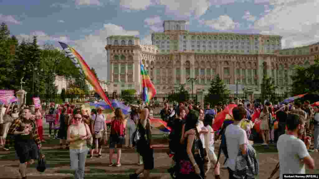 Participants march in front of the Palace of Parliament. However, 68 percent of those polled by ACCEPT thought all families, including same-sex families, should have legal protections.