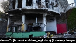 A hotel in Ukraine's southern Mykolayiv region that was damaged by a Russian drone strike on April 28
