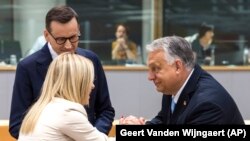 Belgium EU Summit, Viktor Orban, Giorgia Meloni and Poland's Prime Minister Mateusz Morawiecki