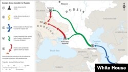 مسیر انتقال پهپادهای ایرانی از تهران به بندر امیرآباد، و از آنجا به مخاچ قلعه در روسیه. این تجهیزات بعدتر به دو پایگاه هوایی در نزدیکی مرز اوکراین منتقل می‌شوند.
