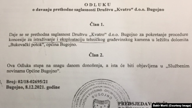 Odluka o davanju saglasnosti Općinskog vijeća za izgradnju kamenoloma u Bugojnu, juni, 2023. godine.