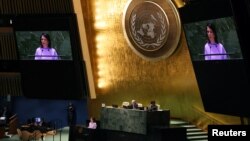 Ministarka inostranih poslova Njemačke, Annalena Baerbock govori na Generalnoj skupštini UN-a pred izglasavanje rezolucije o povlačenju Rusije iz Ukrajine. 23. februar 2023. Sjedište UN-a u New Yorku 