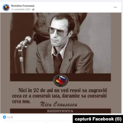 Pe 12 octombrie 2023, „România Frumoasă” a postat o fotografie cu Nicu Ceaușescu, fiul dictatorului Nicolae Ceaușescu, cu un citat dintr-o declarație a acestuia. Postarea a adunat 756 de comentarii și câteva mii de redistribuiri.