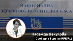 Колаж с авторката на фона на табелата на Националната здравноосигурителна каса.