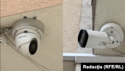 Two cameras on the outside of the Roman Intelligence Service's headquarters in Iasi