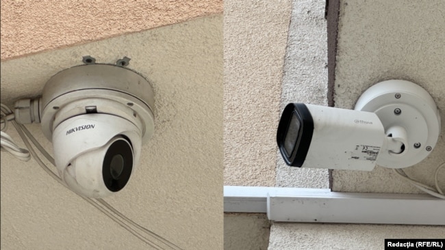 Two cameras on the outside of the Roman Intelligence Service's headquarters in Iasi