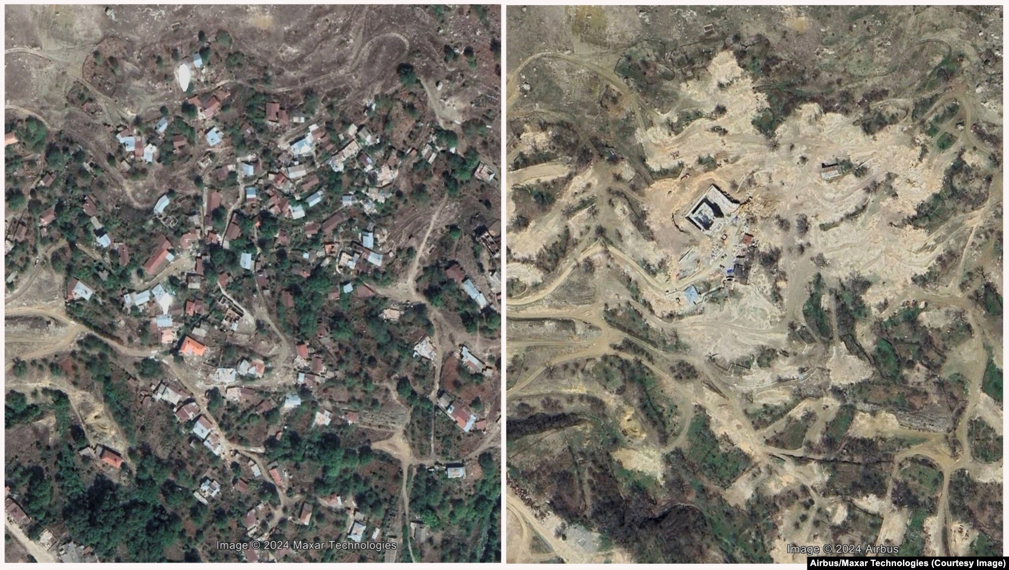 Images showing the village of Dasalti, just south of Susa before and after its erasure. The large construction is a mosque being built.