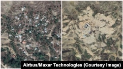 Село Дасалты, расположенное к югу от Шуши, до и после разрушения. Крупное сооружение – строящаяся мечеть