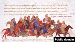 Печенеги нападают на князя Святослава. Миниатюра из рукописи Иоанна Скилицы, XII век