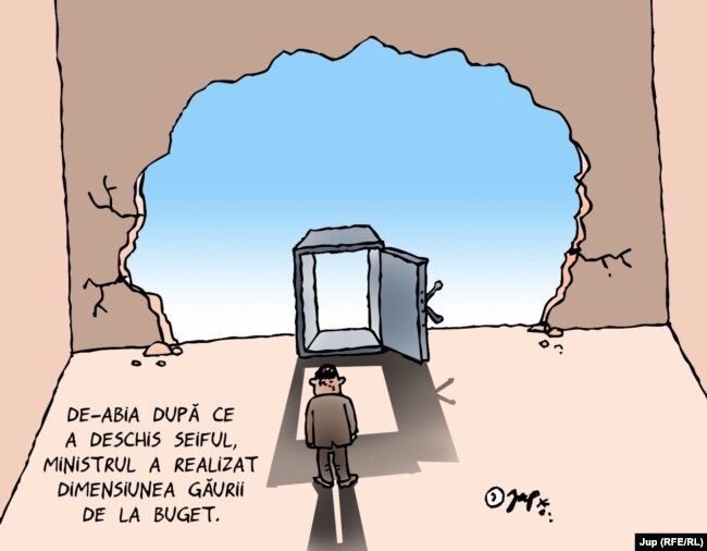 A román költségvetési hiányt ábrázoló karikatúra. Románia ellen már évek óta folyik a deficiteljárás; most Magyarország is kap ajánlásokat
