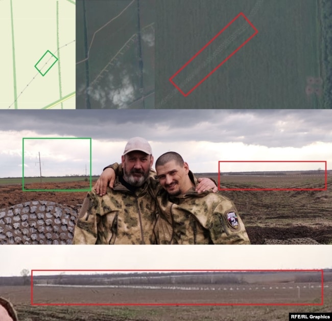 Attraverso fotografie come questa postate sui social media, il Servizio Russo di RFE/RL è stato in grado di identificare e geolocalizzare le loro posizioni e immagini dettagliate di alcuni dei baluardi difensivi.