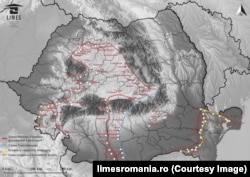 În imagine, harta Limesului (granița Imperiului roman) de pe teritoriului României. Cu roșu sunt marcete granițele Limesului dacic, care traversează 16 județe și peste 270 de situri.