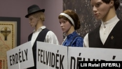 Mannequins hold signs with the names of regions Hungary lost at Trianon at the exhibition in a community center in Csepel, Budapest.