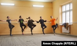 High school girls practice a traditional Gagauz dance at a studio in Comrat.