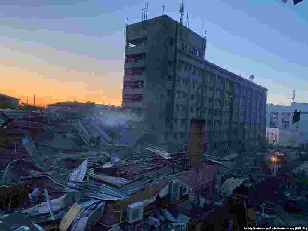 A view of the heavily damaged restaurant and shopping center in Kramatorsk. Search and rescue operations continue.