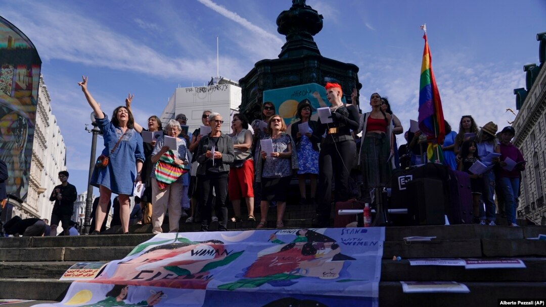 The attack took place as protesters, such as those in London (pictured), around the world marked the anniversary of the death while in police custody of 22-year-old Mahsa Amini on September 16, 2022.