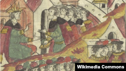 Московський цар Іван IV Грозний відправляє князя Андрія Курбського та інших воєвод у Лівонію, мініатюра XVI століття