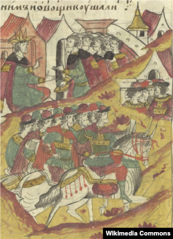 Московський цар Іван IV Грозний відправляє князя Андрія Курбського та інших воєвод у Лівонію, мініатюра XVI століття