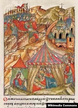 Святослав Ольгович на смертном одре (у ложа стоят его жена и сыновья). Иллюстрация к летописи