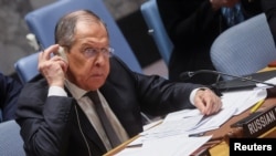 U.S. - Russian Foreign Minister Sergei Lavrov listens as he chairs a UN Security Council meeting at the U.N. headquarters in New York, April 24, 2023.