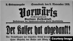 Prima pagină a ziarului Vorwärts din 9 noiembrie 1918 anunță detronarea împăratului Willhelm al II-lea