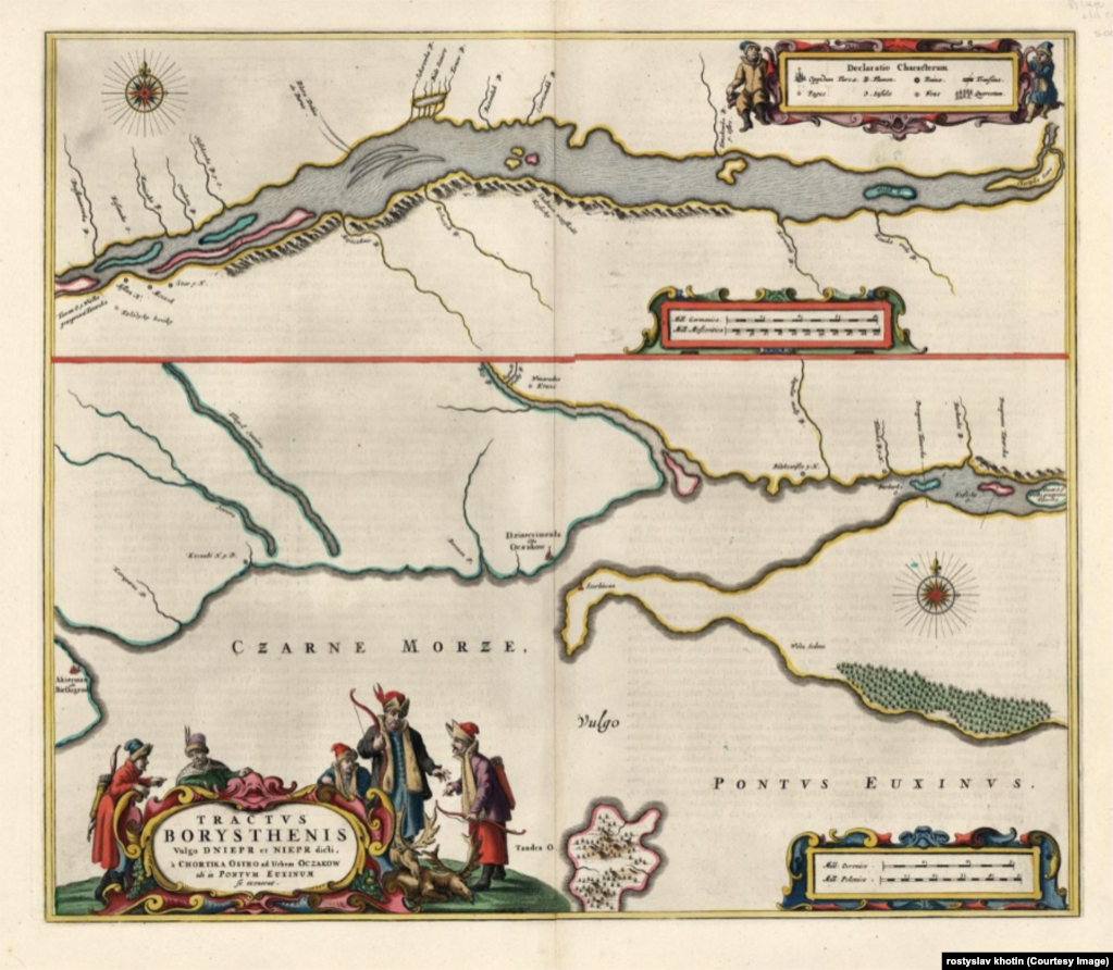Карта нижньої течії Дніпра голландського картографа Яна Блау – від острова Хортиця до Чорного моря. Амстердам, 1660 рік. Саме на тому відрізку Дніпра були розташовані Запорозькі Січі