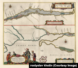 Карта нижньої течії Дніпра голландського картографа Яна Блау – від острова Хортиця до Чорного моря. Амстердам, 1660 рік. Саме на тому відрізку Дніпра були розташовані Запорозькі Січі
