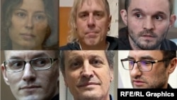 Ksenia Karelina, Michael Leake, Gordon Black, Eugene Spector, Marc Fogel și Robert Woodland (de la stânga la dreapta, de sus în jos) sunt printre cei rămași în închisorile din Rusia.