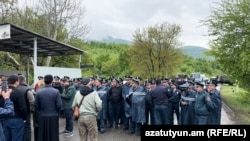 Armenia - Police block a road to prevent people from entering the village of Kirants, May 3, 2024.