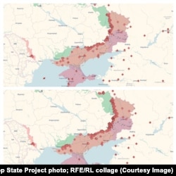 Фронтът в Украйна на 10.10.2023 (горе) и на 24.07.2024. В лилаво: земя под руски контрол от 2014. В оранжево: земя под руски контрол от 2022. Червени ромбове: руските части. Разликата: на североизток (Вовчанск) и на изток (Авдиивка) Русия е напреднала съответно с 5 и 25-30 км.