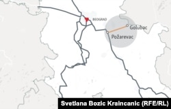 Mapa brze saobraćajnice Požarevac-Golubac na istoku Srbije.