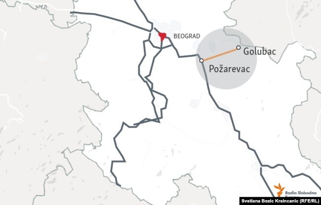 Mapa brze saobraćajnice Požarevac-Golubac na istoku Srbije.