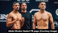 پهلوان عبدالشکور قادری ( راست) و کرن موسیباخ که قرار است در آلمان با هم مسابقه بدهند ( تصویر از صفحه فیسبوک عبدالشکور قادری ) 